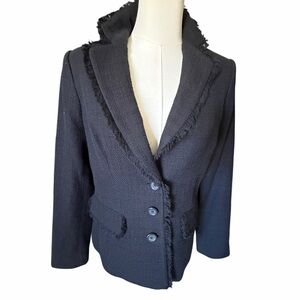 Karl Lagerfeld Black Tweed Frayed-Trim  3 Button Tailored Blazer Sz 8